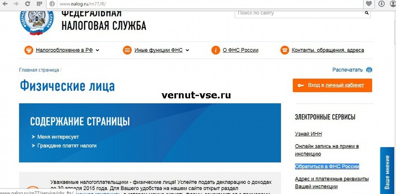 Кнопка обращения в ФНС РФ на сайте nalog.ru