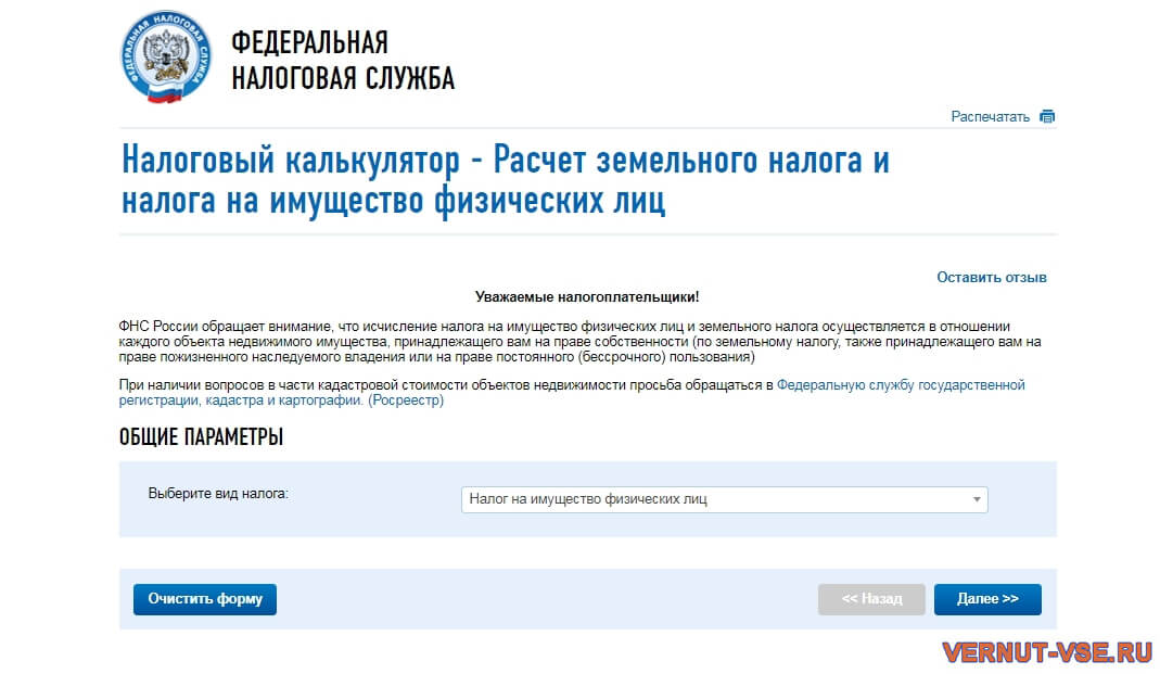 Страница налогового калькулятора на сайте ФНС